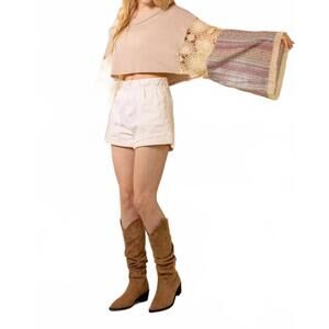 NEW MELLO carrie lace and patchwork bell-sleeve crop top in grey